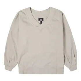 Einfarbiger, locker gestrickter V-Ausschnitt-Hoodie in Beige