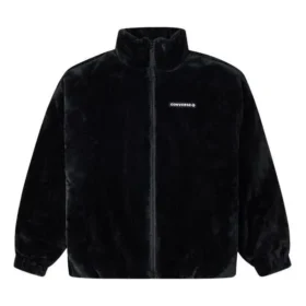 Lockere Stehkragen-Jacke mit Logo, Paar-Style, Schwarz