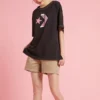 Lockeres T-Shirt mit Rundhalsausschnitt, kurzärmelig, schwarz